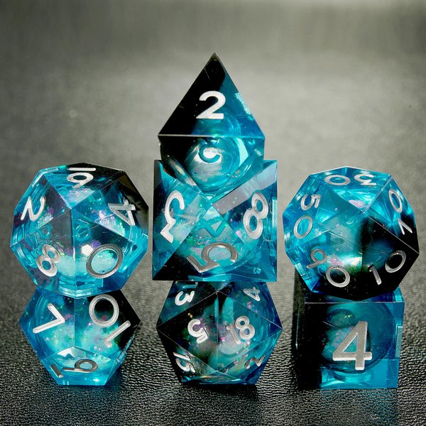 MS hong Sharp Edge Resin DND Dice Set, Crystal Blue Quicksand Glitter Liquid Core Dungeons and Dragons Dice Set D&D with Box, 7 Pcs Polyhedral RPG D and D Role Playing Dice D20 D12 D10 D8 D6 D4