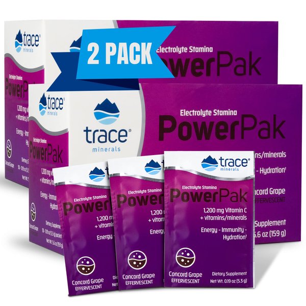 Trace Minerals | Power Pak Electrolyte Powder Packets | 1200 mg Vitamin C, Zinc, Magnesium | Boost Immunity, Hydration and Natural Energy | Concord Grape | 60 Packets