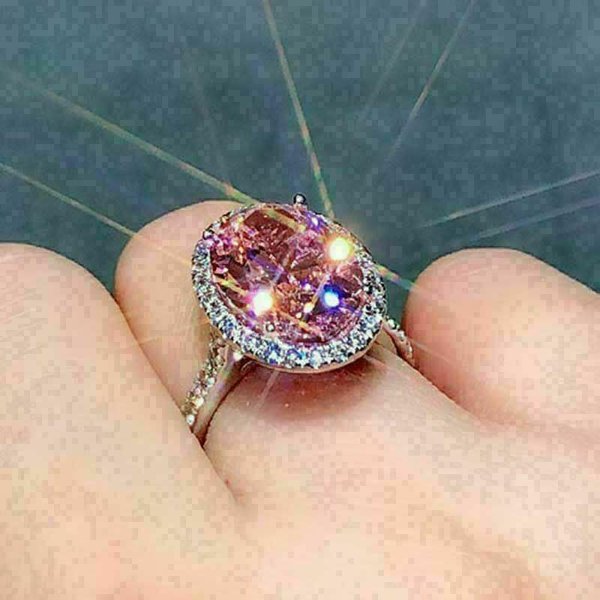 925 Sterling Silver Shiny Full Diamond Ring Pink Zircon Fashion Exquisite Oval Pink Promise Ring CZ Diamond Multi Row Ring Eternal Engagement Wedding Ring Jewelry-Making-Patterns