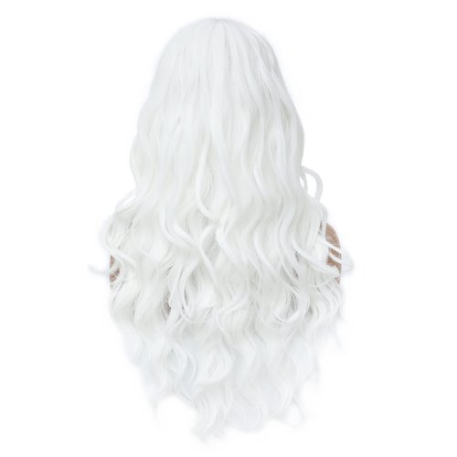 SWACC Long Curly Wavy Wig with Bangs Synthetic Hair Wig for Women with Wig Cap (White)