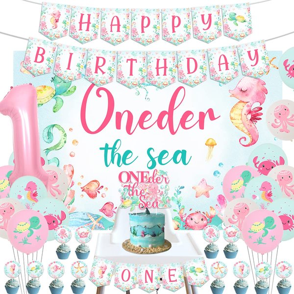 Oneder the Sea 1st Birthday Girl Decorations, Under the Sea Ocean Animal Birthday Party Supplies, Oneder the Sea Backdrop Happy Birthday Banner High Chair Banner Cupcake Cake Topper Printed Balloons