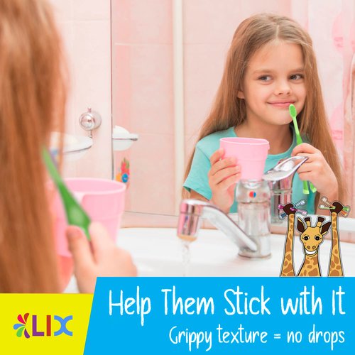 55Dental Kids Toothbrush Set of Soft Giraffe Toothbrush for Kids 3-12. Easy-Grip, Bristle Cover, Self-Standing & Splited Bottom for Cup Rim. by Lix, 4 Colors