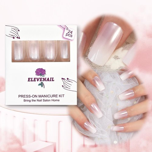 Elevenail Medium Long Press on Nails Square Pink White Gradient False Nails Full Cover Fake Nails Faux Ongles Daily DIY Manicure Christmas Nail Art Tips