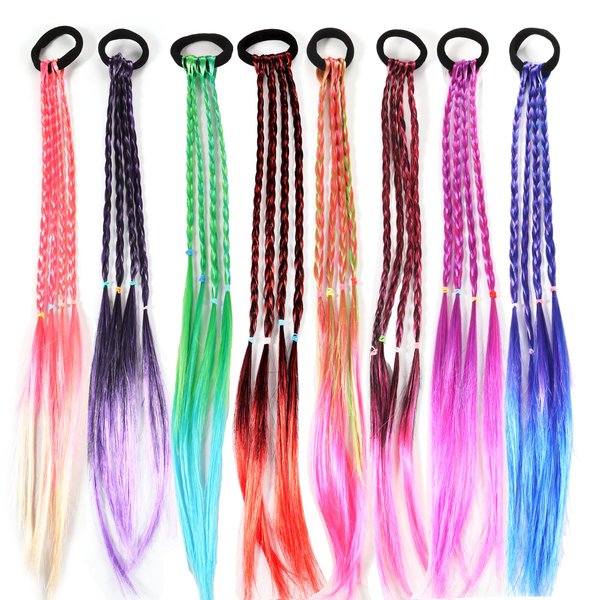 KAGNAL 8 Pieces Colored Braids Hair Extensions with Rubber Bands Ponytail Hair Extension for Girls Hair Accessories Colorful Synthetic Hairpieces