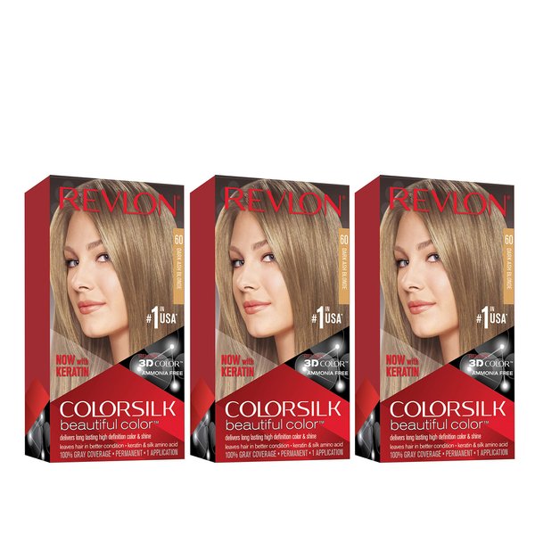 Revlon Permanent Hair Color, Permanent Hair Dye, Colorsilk with 100% Gray Coverage, Ammonia-Free, Keratin and Amino Acids, 60 Dark Ash Blonde, 4.4 Oz (Pack of 3)