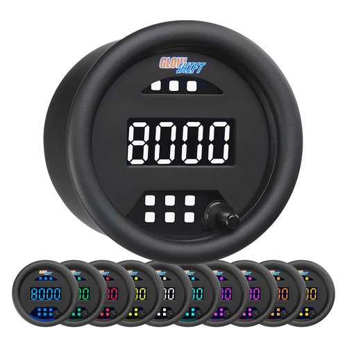 GlowShift 10 Color Digital 9,999 RPM Tachometer Gauge with Built-in Shift Light - for 1-10 Cylinder Gas Powered Engines - Multi-Color LED Display - Tinted Lens - 2-1/16" (52mm)