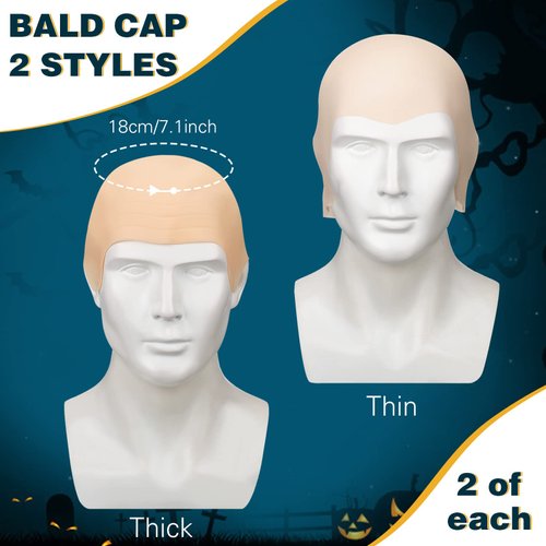 8 Pcs Halloween Bald Head Cap Party Costume Include 4 Makeup Latex Bald Caps and 4 Hair Wig Caps for Adults Kids Women Men (Multi Style)