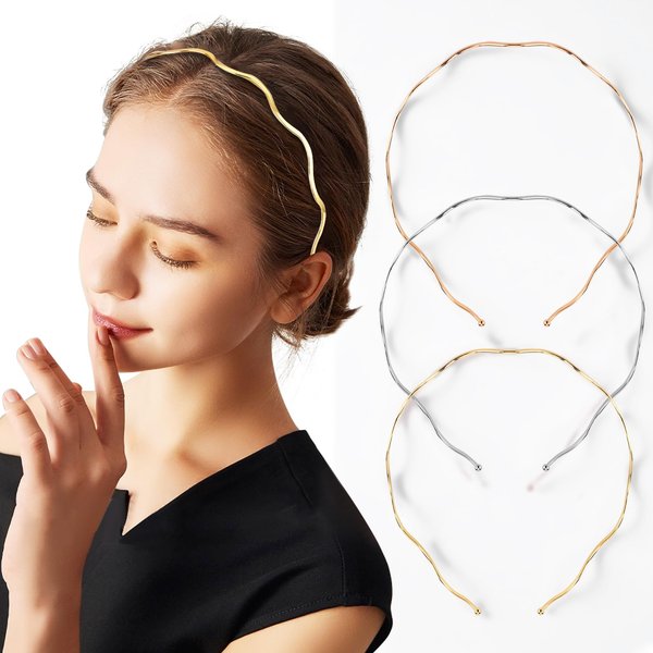 Tmtains 3Pcs Metal Headbands for Women Girls Rose Golden Silver Wave Hair Band Fashion Wavy Decorative Headpiece Skinny Layered Gold Elegant Headband for Thick Thin Hair Accessories Spring Hair Hoop