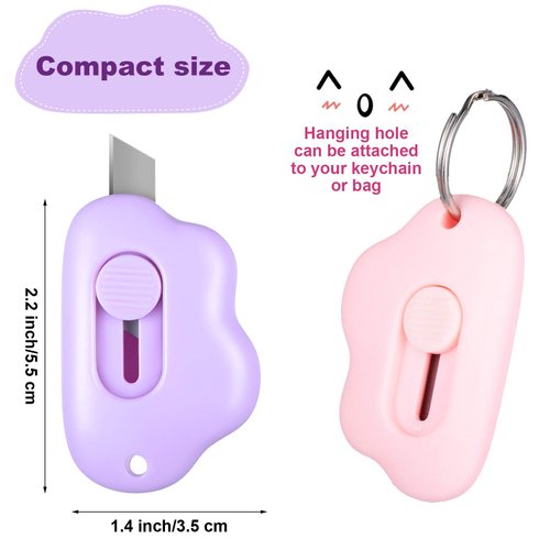 6 Pieces Mini Utility Knives Cloud Shaped Box Cutter Retractable Letter Opener Assorted Colors Cloud Envelope Slitter Carton Portable Paper Cutter with Key Chain Hole