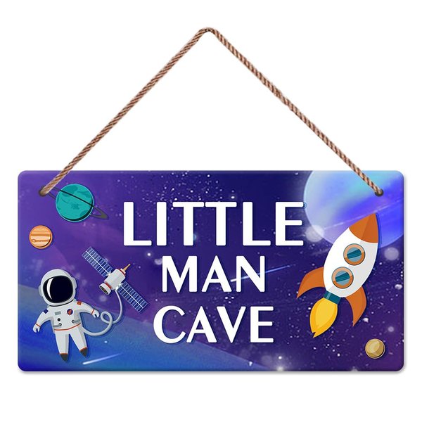 YuplaN Outer Space Little Man Cave Wooden Plaque Boys Spaceman Bedroom Decor Hanging Sign Wall Door Nursery Accessories 5 X 10 Inches