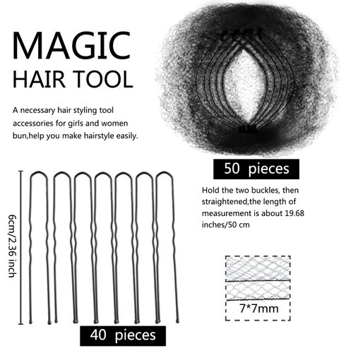 Hair Nets Invisible Elastic Edge Mesh and U Shaped Pins Set, 50 Pieces 50 cm Individual Package Invisible Hair Nets, 40 Pieces U Shaped Pins for Ballet Bun, Sleeping, Women and Wig(Black)