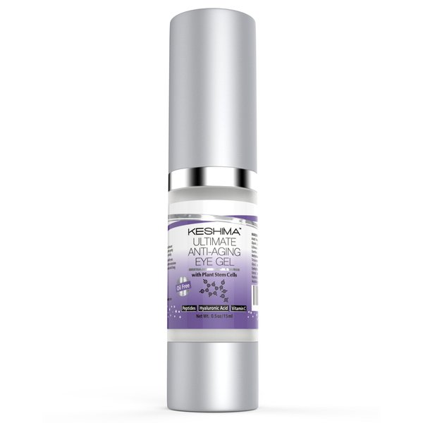 Keshima Eye Gel for Crow's Feet, Puffiness, Sagging Skin, Dark Circles and Wrinkles - Cream with Plant Stem Cells, Vitamin C, Hyaluronic Acid, Complex Peptides, Aloe, Green Tea - Oil Free