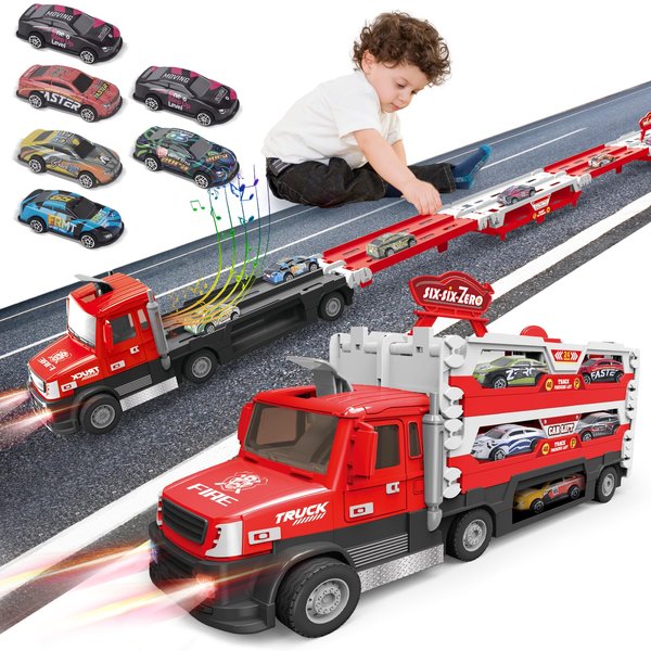 Race Track Truck Toys for 3 4 5 6 Year Old Boys Birthday Gifts 55 Inch Folded Transport Carrier Trucks with Lights & Sounds for Kids Age 3-5, Racing Cars Toy for Toddlers