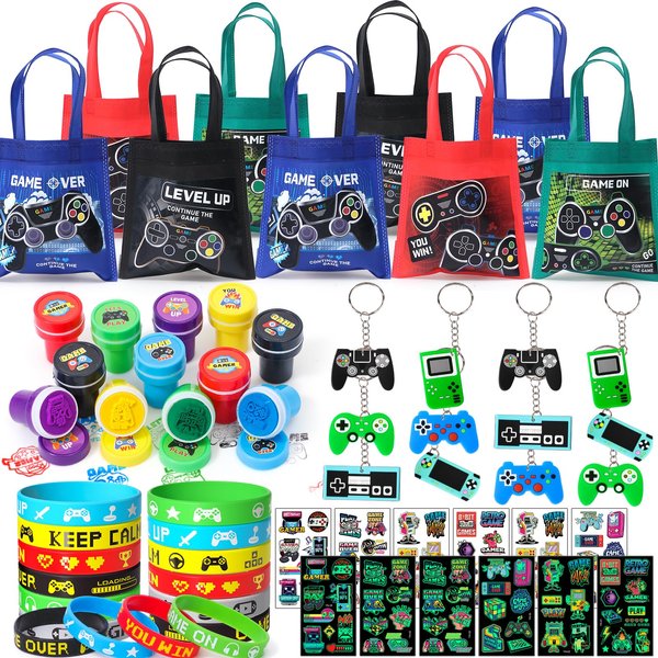 Winrayk Video Game Party Favors Gamer Birthday Supplies for Kids, Non Woven Bag Silicone Bracelet Stamper Glow Sticker Keychain 12 Sets Game on Pinata Filler Goody Bag Stuffer Boys Gaming Party Favors