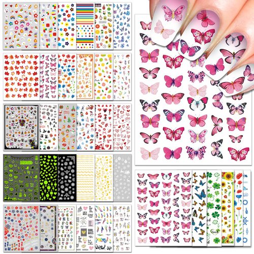 IDDFEVE 36 Sheets Varied Nail Art Stickers, All Holiday Variety Pack Seasonal Nail Decals, Self-Adhesive Pegatinas Uñas Colorful Design for Flowers Butterflies Luminous Star Halloween Christmas