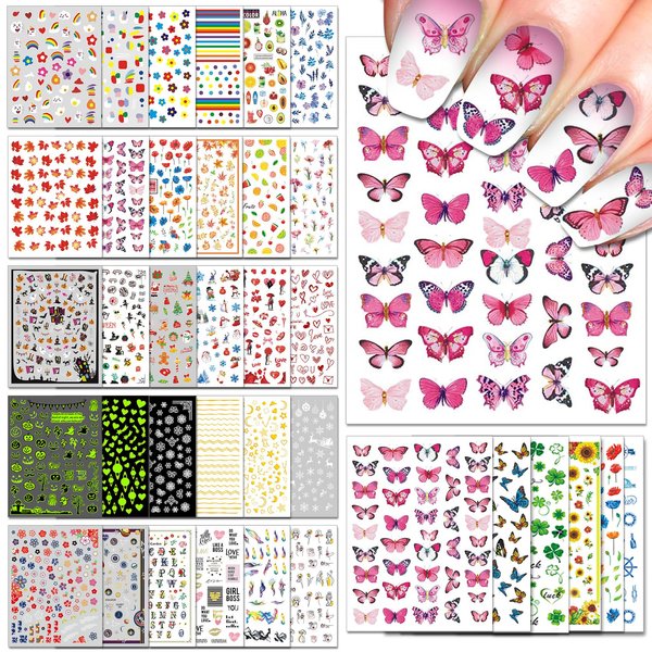 IDDFEVE 36 Sheets Varied Nail Art Stickers, All Holiday Variety Pack Seasonal Nail Decals, Self-Adhesive Pegatinas Uñas Colorful Design for Flowers Butterflies Luminous Star Halloween Christmas