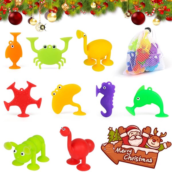Baby Suction Cup Bath Toys, Party Favors for Kids 4-8 Autism Sensory Toy, 9PCS Silicone Animal Stress Relief Children Classroom Prizes, Christmas Halloween Easter Stuffers for Boys Girls 3+