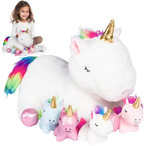 PixieCrush Unicorn Stuffed Animals with Babies Inside - 5-Piece Set of Mommy and Baby Unicorn Plush for Imaginative Play - Soft Cuddly Companion for Kids - Stuffed Animals for Girls Ages 3 to 8 Years