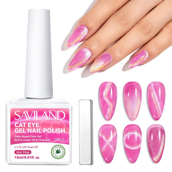SAVILAND 15ml Glitter Pink Cat Eye Gel Nail Polish Castor Oil Vitamin E: Cateye Gel Polish Soak Off U V LED Nail Lamp Reflective Shining Magnetic Gel Nail Polish Nail Art Magnet Home DIY Nail Salon