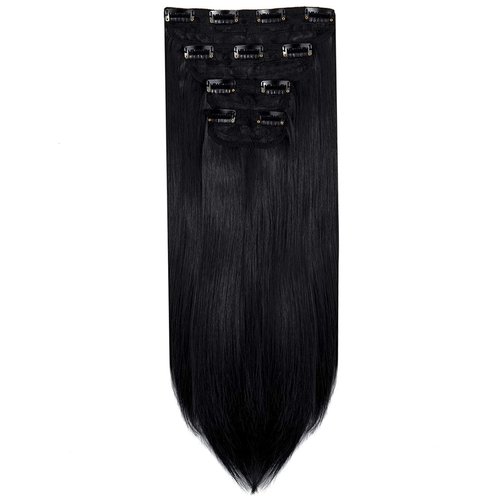 LELINTA 24" Straight Long 4 PCS Set Thick Clip in on Synthetic Hair Extensions Hairpieces for Women Dark Black