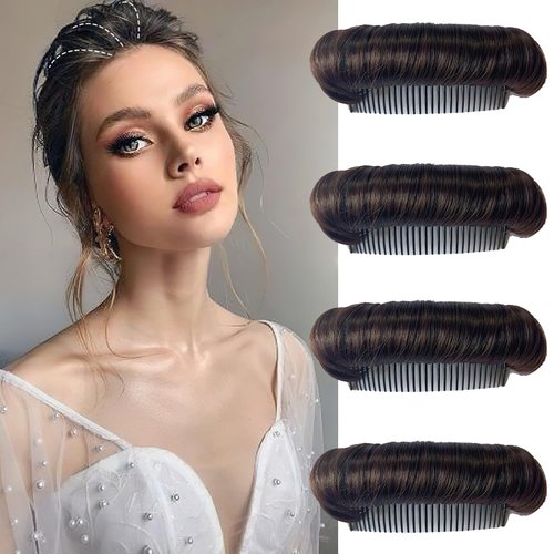 4Pcs Fluffy Hair Pad Portrayi Invisible Fluffy Hair Pad Puff Hair Head Cushion Women Volume Bump Inserts Hair Bun False Hair Clip Hair Pad Synthetic Hair Clip (Brown)