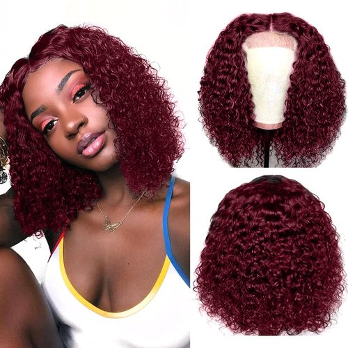 Burgundy Bob Wig Human Hair Short Curly Bob Wig Human Hair 99J Burgundy Lace Front Wigs Human Hair 4x4 Lace Closure Wig 12A Brazilian Virgin Hair Kinky Curly Lace Closure Wig for Black Women 10 Inch