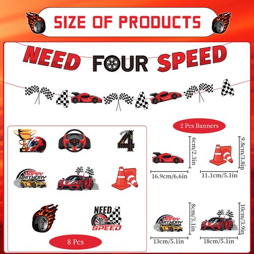 Luvsweets Need Four Speed Birthday Decorations, 10 Pcs 4th Birthday Decorations, Race Car Checkered Flag Banner Garland for 4 Year Old Boy, Racing Celling Decor Party Supplies