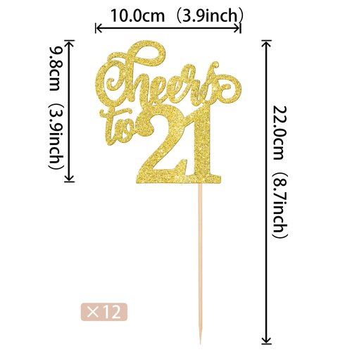 12 PCS Cheers to 21 Centerpiece Sticks Double Sided Glitter 21st Birthday Cake Toppers Number 21 Centerpieces Table Flower Topper Decorations for 21st Birthday Party Centerpiece Supplies Gold