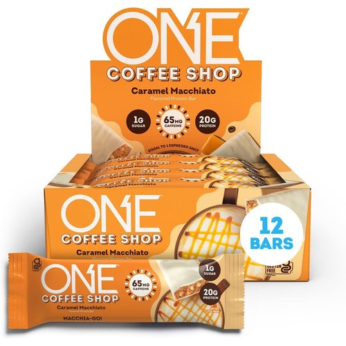 ONE Coffee Shop Caffeinated Protein Bars, Caramel Macchiato, Gluten Free with 20g Protein and 65mg of Caffeine Energy, Pantry Staples, 2.12 oz (12 Count)