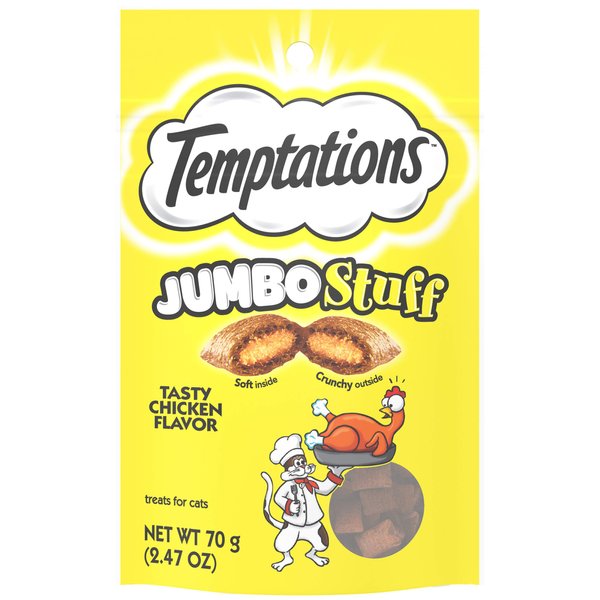 TEMPTATIONS Jumbo Stuff Crunchy and Soft Cat Treats Tasty Chicken Flavor, 2.5 oz. Pouch, Pack of 12