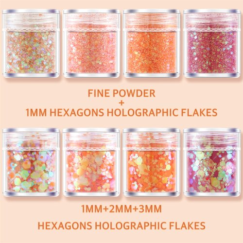 GABOX 8 Jars Sunset Orange Cosmetic Chunky Glitter Set, Holographic Nail Resin Glitter, Fine Powder+1mm+2mm+3mm Sequins Flakes, Iridescent Art Glitter Set for Body Face Eyes Hair Crafts
