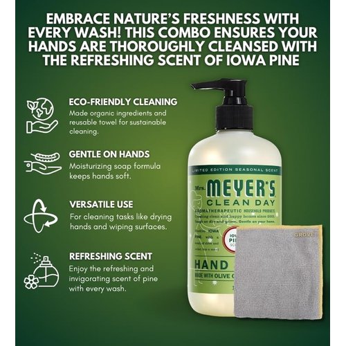 Clean Day Organic Iowa Pine Scent Liquid Hand Soap 12.5 oz Bundle with Microfiber Cloth - Gentle Hand Soap with Essential Oils & Aloe Vera - (2 Items)
