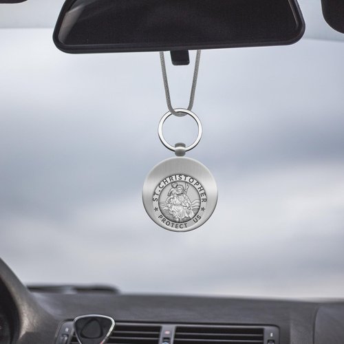 Anwlki St Christopher Hanging Ornament Car Rearview Mirror Saint Christopher Charms Medal Pendant Bless Driving Safety Gift with Detachable Religious Coin Keychain Storage (Antique Silver)