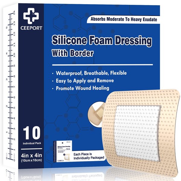 Ceeport Silicone Foam Dressing with Adhesive Gentle Border 4" x 4" 10 Pack, Waterproof Wound Dressing, High Absorbency Bed Sore Wound Bandages, Square Breathable Foam Dressing for Wound Care