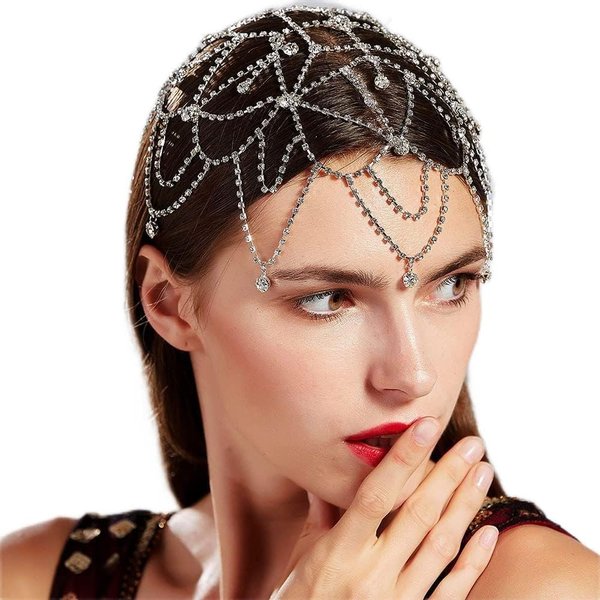 Xerling Rhinestones Tassel Cap Headpiece 1920s Flapper Head Chain Bridal Hair Accessories Gold Crystal Cleopatra Head Jewelry for Women (Type E Gold)