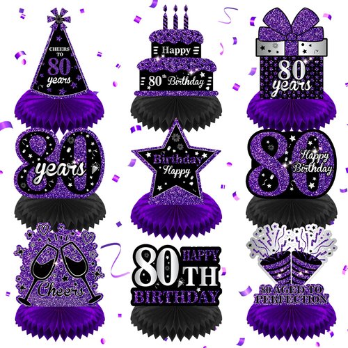 9Pcs Purple 80th Birthday Decorations Purple Black Happy 80th Birthday Table Honeycomb Centerpieces for Table Decor 80th Birthday Table Topper for Women Men 80th Birthday Anniversary Party Supplies