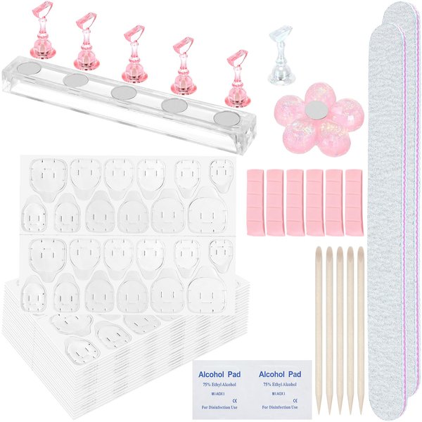 Nail Adhesive Tabs 25 Sheets (600pcs) & Nail Stand with Putty, Press On Nail Glue Stickers Nail Holder for Painting Nails, Nail Files, Nail Art Kit, Orange Wood Sticks, Press On Nail Acecessories