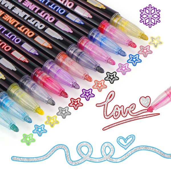 CMKAAG Shimmer Markers Outline Double Line - 12 Colors Metallic Glitter Pens, Super Sparkle Age 4-12 for Kids Doodle Drawing Art Supplies Scrapbook Craft Cards School Supplies Teen Girl Trendy Stuff
