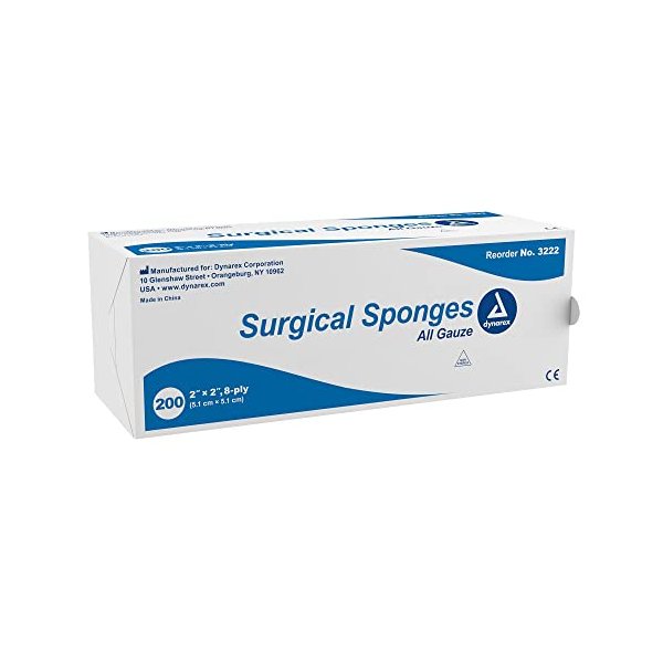 Dynarex Surgical Gauze Sponges- Absorbent Cotton Fabric With Folded Edges - Soft, Durable, Non-Sterile Dressing - 2x2", 8-Ply - Sleeve of 200 Sponges