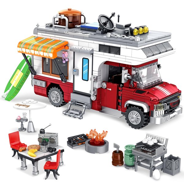 Camper Van Building Set, Compatible with Lego Rvs Camper Vehicles, Summer Beach Holiday Camping Car Building Toy with Light, Gift for Adults and Boys Girls Kids Teens 8-12 (924 PCS)