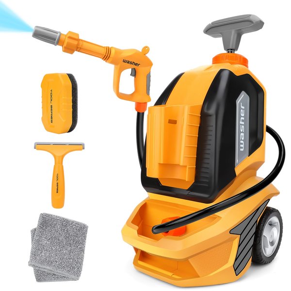 deAO Kids Car Washer Toy with Scraper Sponge Towel Cleaning Toy Set for Kids Car Washer Playset Toddler Pretend Play Toy Car Wash Water Pressure Washer Tools