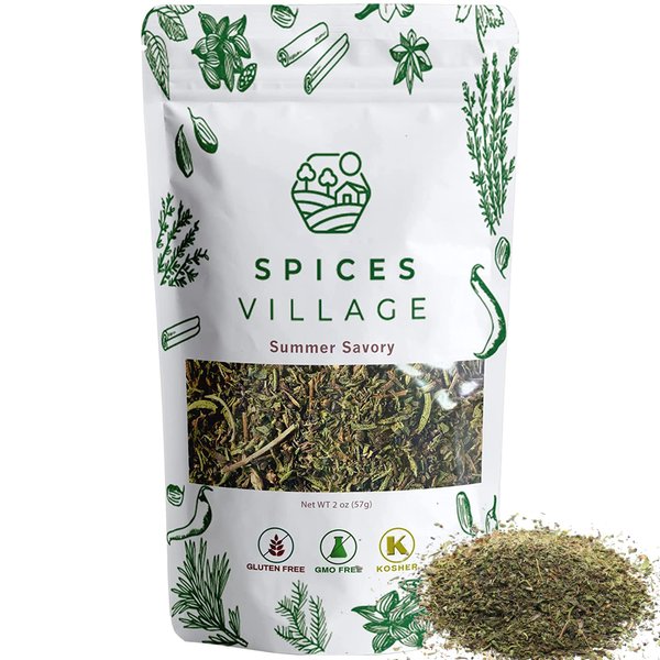 SPICES VILLAGE Summer Savory Spice [ 2 oz ] – Natural Dried Summer Savory Leaves for Cooking and Herbal Tea, Pure Mediterranean Seasoning - Kosher, Gluten Free, Vegan, Non GMO, Resealable Bulk Bag