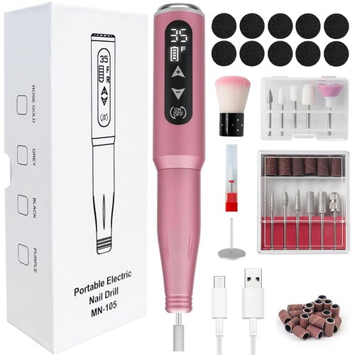 LiQiAMEi Nail Drill, 35,000RPM Rechargeable Cordless Nail Drill, 13 in 1 Professional Electric Nail Drill, Touch Control Portable Nail Drill for Acrylic, Gel, Dip Powder, Pedicure, Shape (Pink)