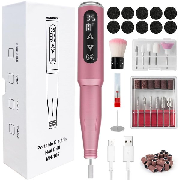 LiQiAMEi Nail Drill, 35,000RPM Rechargeable Cordless Nail Drill, 13 in 1 Professional Electric Nail Drill, Touch Control Portable Nail Drill for Acrylic, Gel, Dip Powder, Pedicure, Shape (Pink)