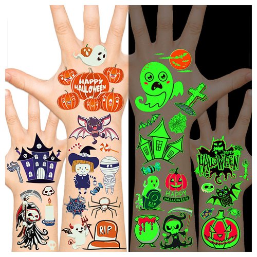 Glow in Dark Halloween Party Favors for Kids, Halloween Tattoos for Kids, Fake Tattoos Halloween Face Stickers Halloween Birthday Party Supplies Decorations Games Halloween Egg Hunt