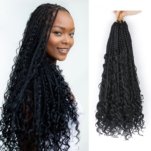 8 Packs Boho Crochet Braids 18 Inch Crochet Boho Box Braids With Human Hair Curls Ends Goddess Box Braids crochet hair Synthetic Crochet Hair for Black Women (18inch 8Packs, 1B)