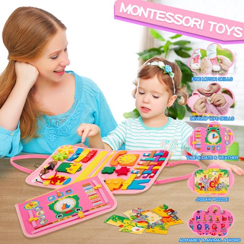 MORNOR Busy Board for Toddlers 1 2 3 4 Year Old, Sensory Activity Board for Learning Toys, Travel Toys for Toddlers 1-3, Montessori Toys for Fine Motor Skills, Gift for Boys Girls (Pink)