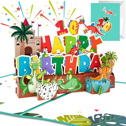 Swialior Happy10rd Birthday Gift Cards Dinosaur 3D Birthday Greeting Cards with Envelope and Note Tag for Kids Boys Girls 10 Years Old Christmas Birthday Decorations Gift for Kids Boys Girls