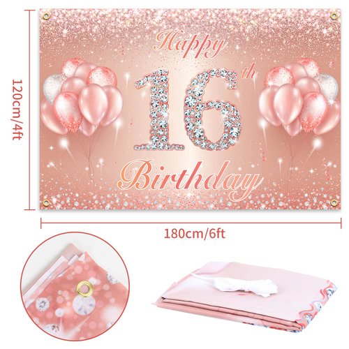 Happy 16th Birthday Banner Backdrop - 16 Birthday Party Decorations Supplies for Girls or Boys - Rose Gold 4 x 6ft