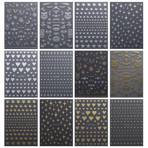 JMEOWIO 12 Sheets Moon Star Nail Art Stickers Decals Self-Adhesive Pegatinas Uñas Gold Silver Nail Supplies Nail Art Design Decoration Accessories